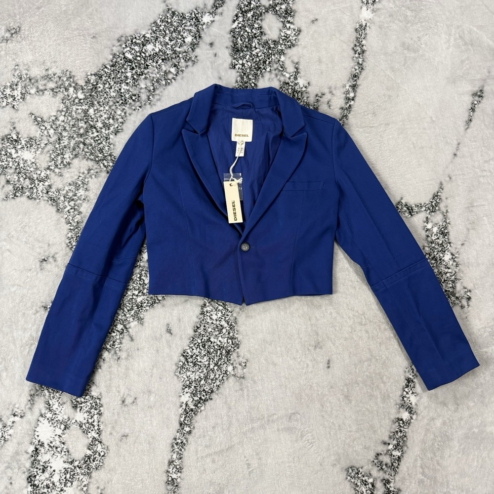 Diesel Cropped Blazer Womens Sz Large Blue One Button Long Sleeve Fitted